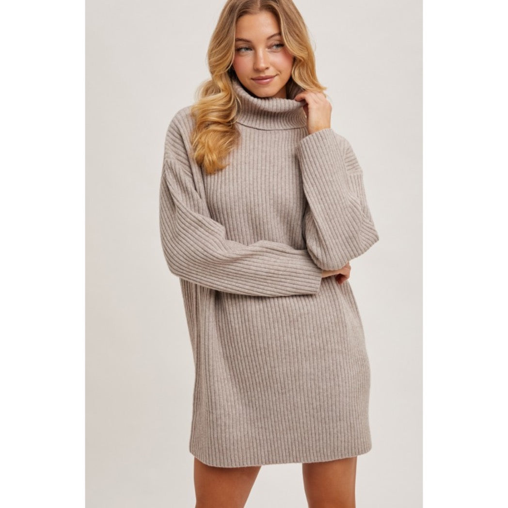 BLUIVY - TURTLENECK KNIT SWEATER DRESS | MUSHROOM