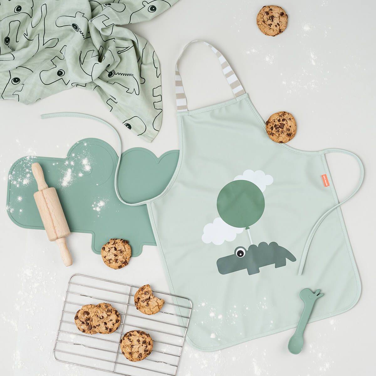 Done By Deer Waterproof Kids Apron Happy Cloud Green