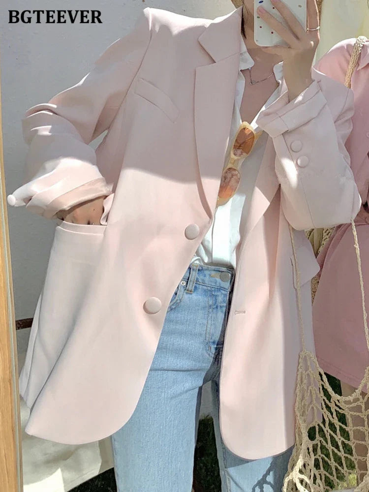 BGTEEVER Casual Loose Lapel Ladies Suit Jackets Full Sleeve Single-breasted Solid Female Blazer Tops Spring Women Outwear