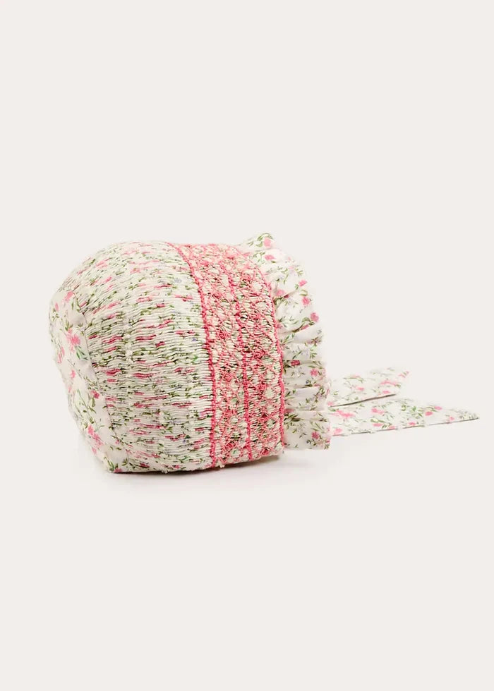 Alice Floral Hand Smocked Bonnet in Pink (XS-S) BONNETS from Pepa London