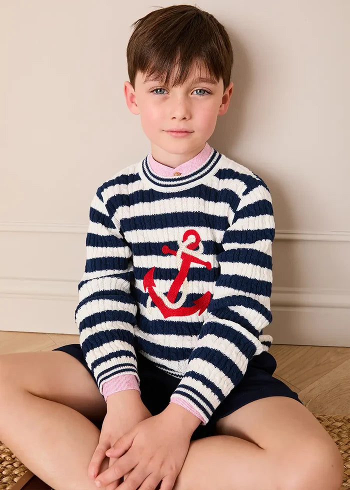 Anchor Motif Cable Knit Sailor Stripe Jumper in Navy (12mths- 10yrs) KNITWEAR from Pepa London