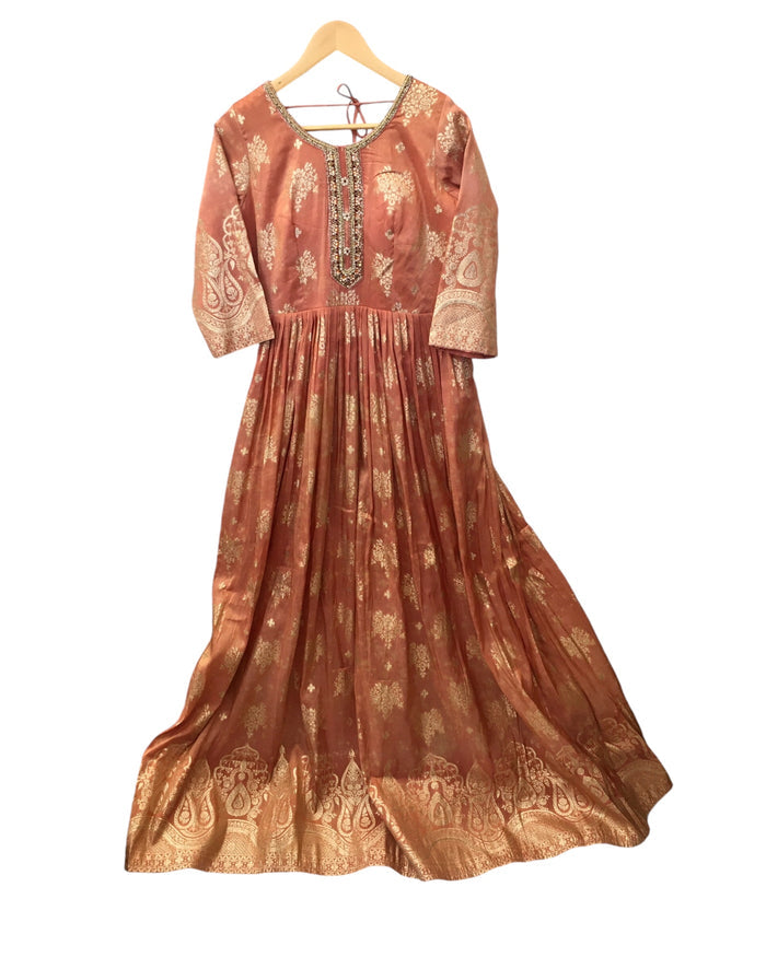 Banarasi Silky Peach / Coral Anarakali Long Dress with Trousers - Size 10, 14 and 18 - KTC241070TT