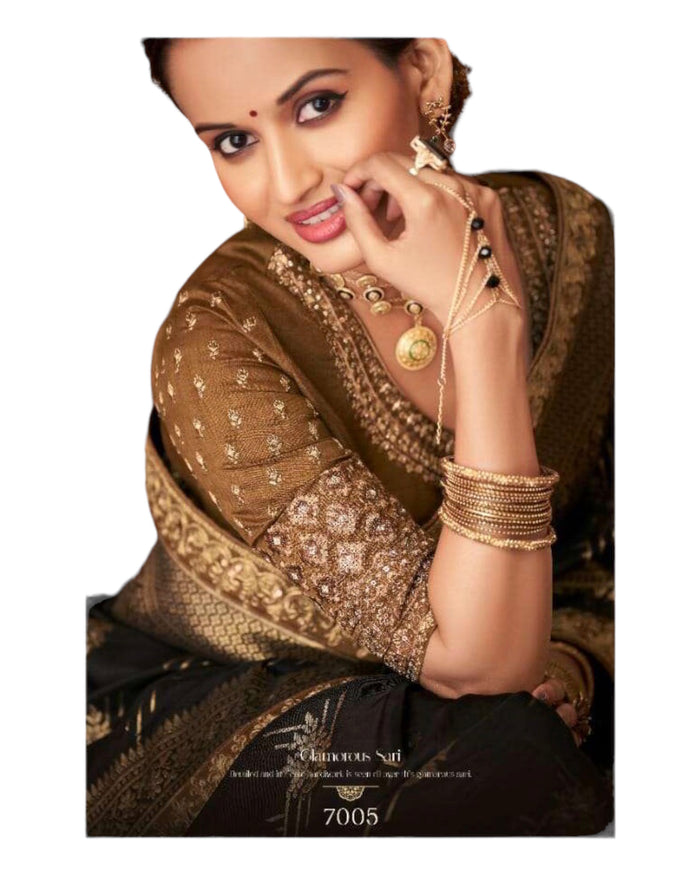 Black - Banarasi Silky Saree with Fancy Ready made Blouse - ANM7005 JT 1123
