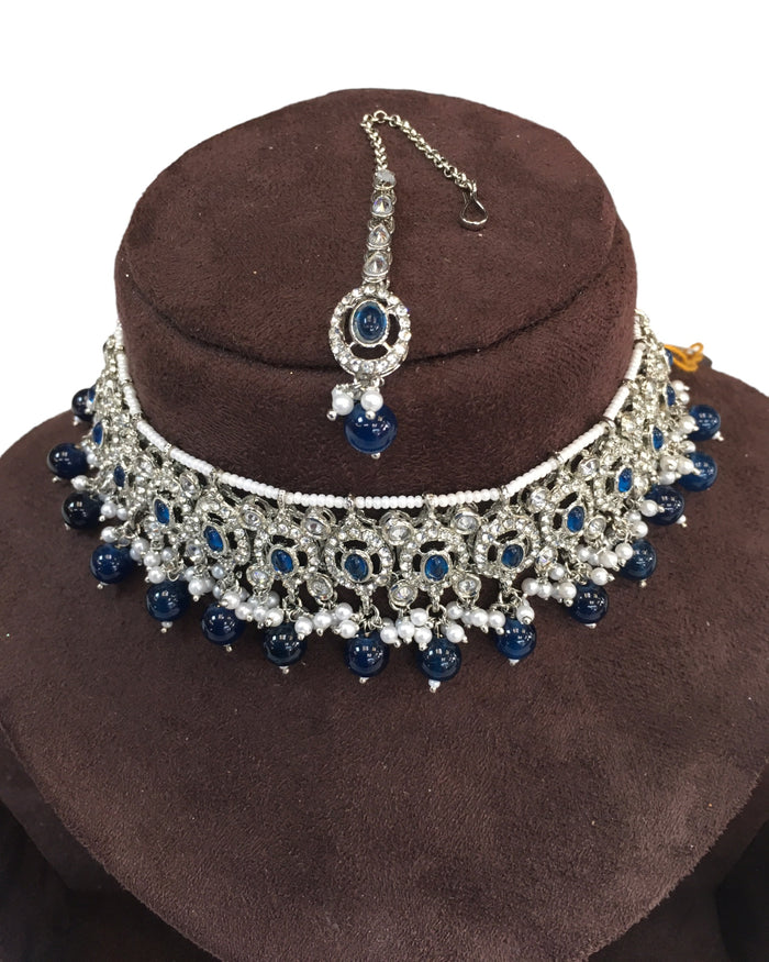 Blue - Medium Size Silver Finish Choker Necklace Set with Earrings - RAK149 C 0424