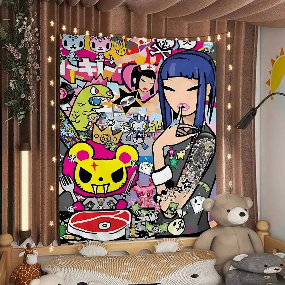 Cartoon Style Tapestry Personalized Art Wall Decor Creative Bedroom Tapestry Fashionable Room Decorations Trendy Wall Decorating