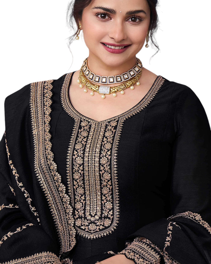 Cotton / Silky Black Anarakali Long Dress with Trousers - Size 12 (Bust 38") - Extra Margin inside - VF67743 TY 1024