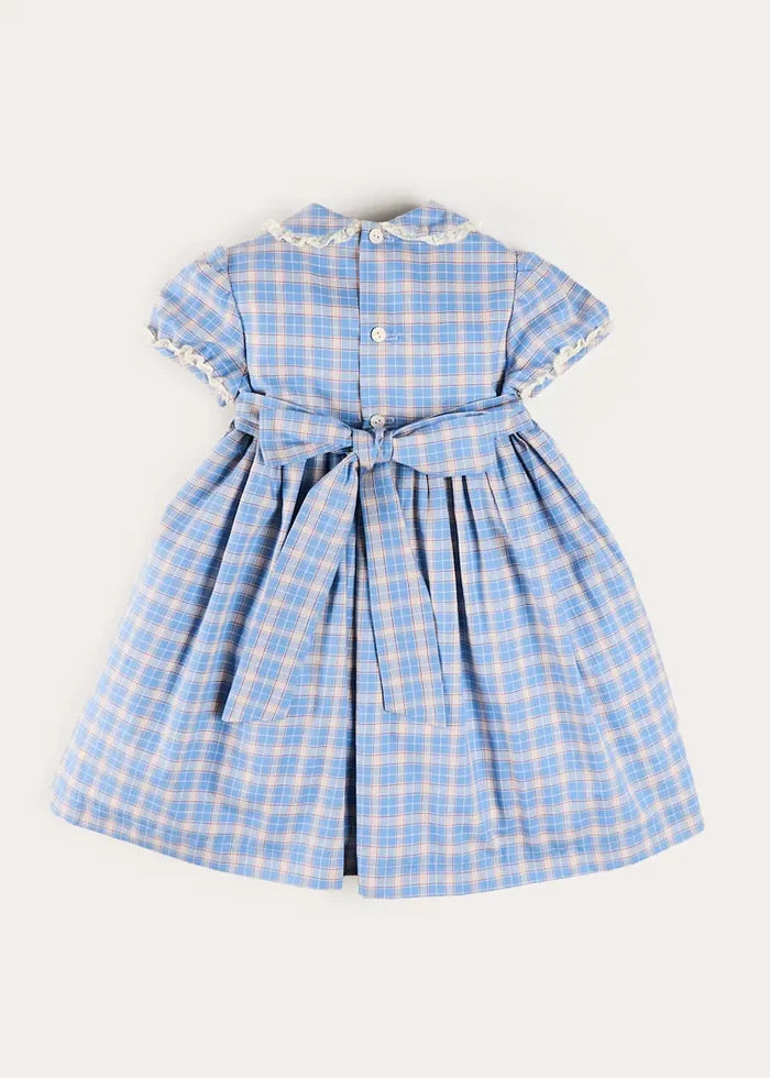 Denby Check Hand Smocked Double Breasted Short Sleeve Dress in Blue (12mths-10yrs) DRESSES from Pepa London
