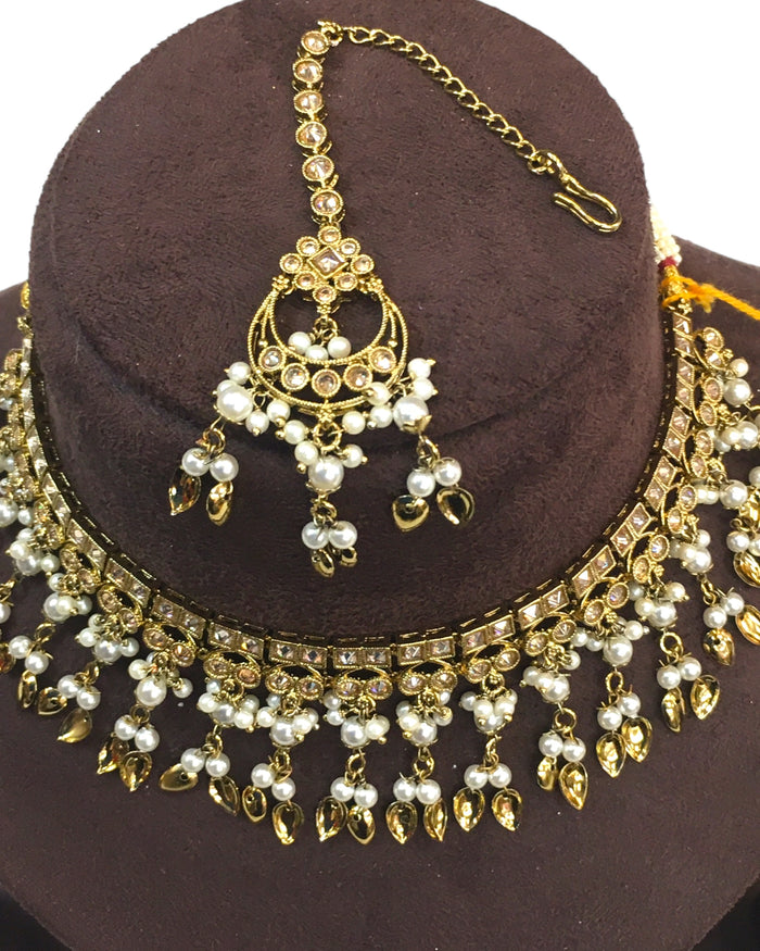 Gold / Neutral - Medium Size Antique Gold Finish Necklace Set with Earrings - HB1000 KY 0424