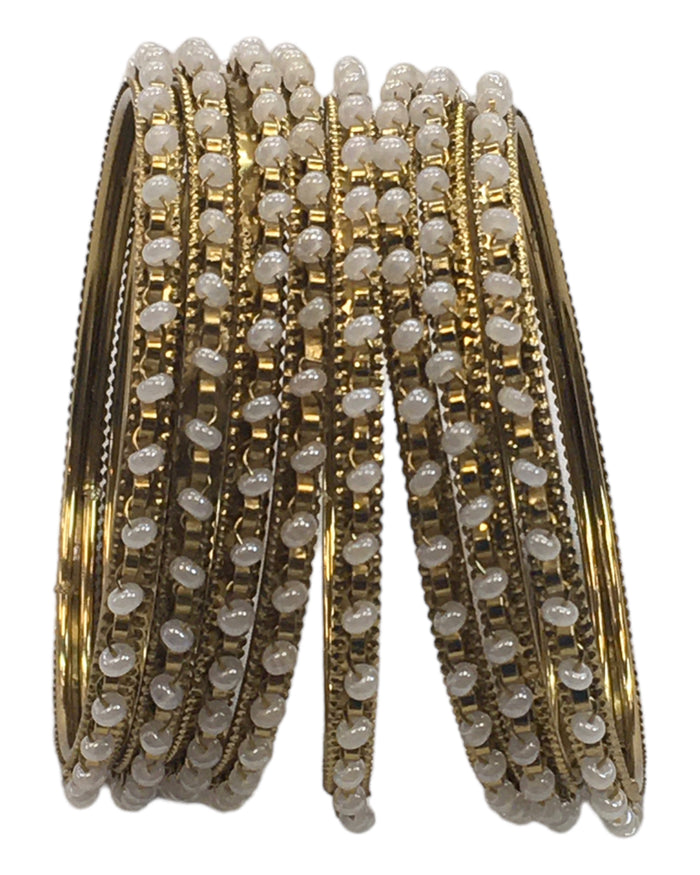 Gold / Pearl - Set of 8 Stone Bangles - Antique Gold Finish - JAN5310 Kp 0923
