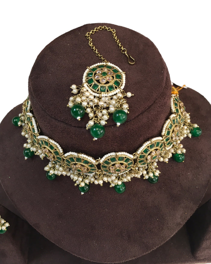 Green - Large Size Antique Gold Finish Necklace Set with Earrings - RAK05 VY 0424