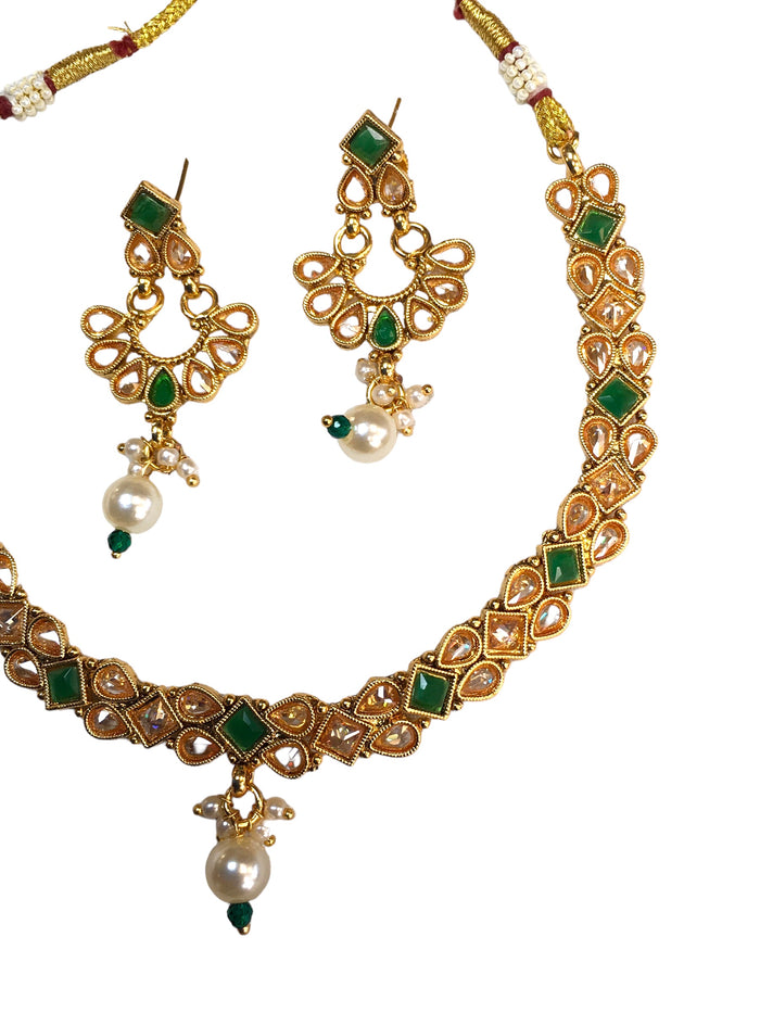Green - Small Size Antique Gold Finish Necklace Set with Earrings - TOH2401 R 0424