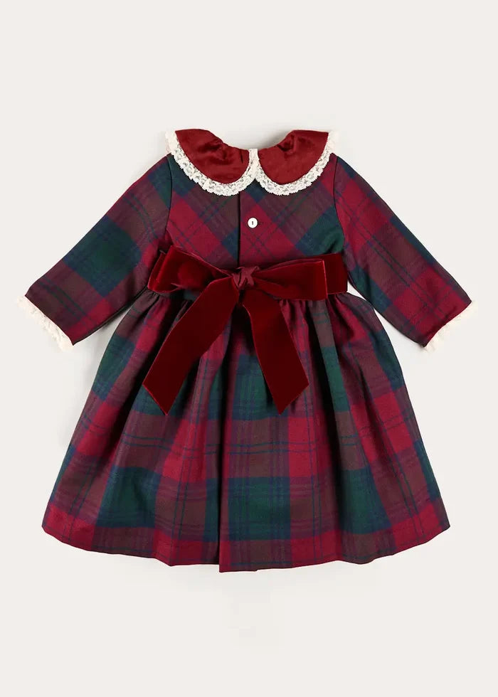 Grosvenor Tartan Lace Detail Velvet Bow Dress in Red (12mths-12yrs) DRESSES from Pepa London