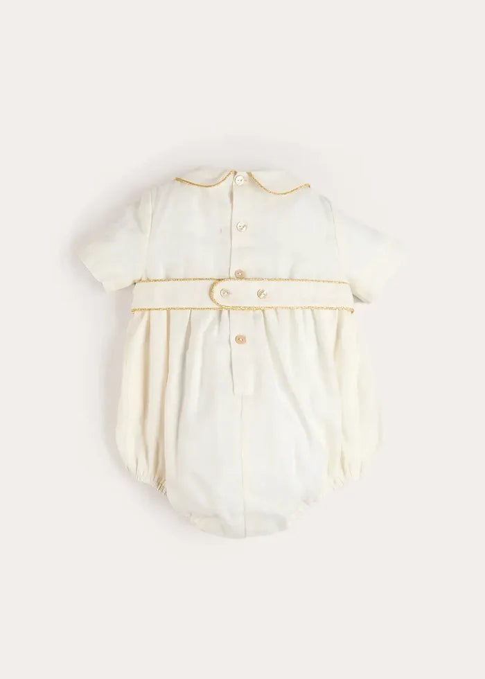 Hand Smocked Gold Embroidered Short Sleeve Romper in Ivory (3mths-2yrs) ROMPERS from Pepa London