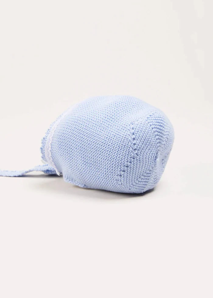 Lace Detail Knitted Bonnet in Light Blue (0-9mths) BONNETS from Pepa London