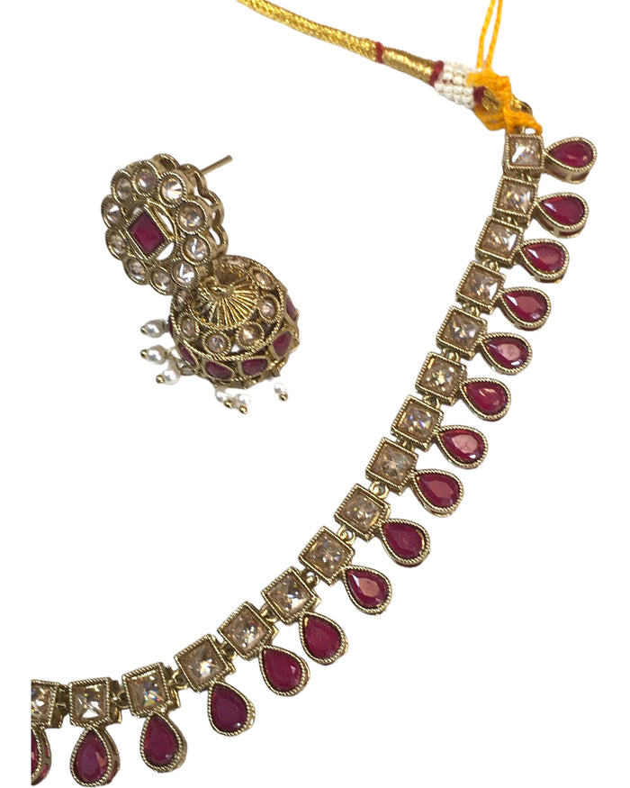 Magenta - Medium Size Antique Gold Finish Necklace Set with Earrings - SV2403 H 0424