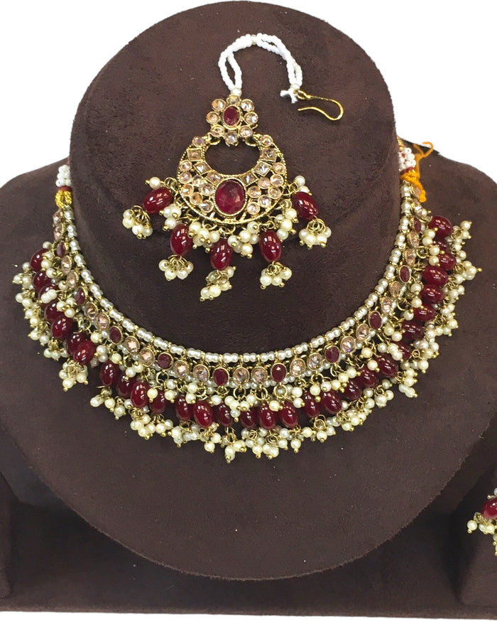 Maroon - Large Size Antique Gold Finish Necklace Set with Earrings - JE18 C 0424