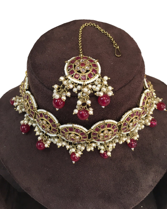 Maroon - Large Size Antique Gold Finish Necklace Set with Earrings - RAK05 VY 0424