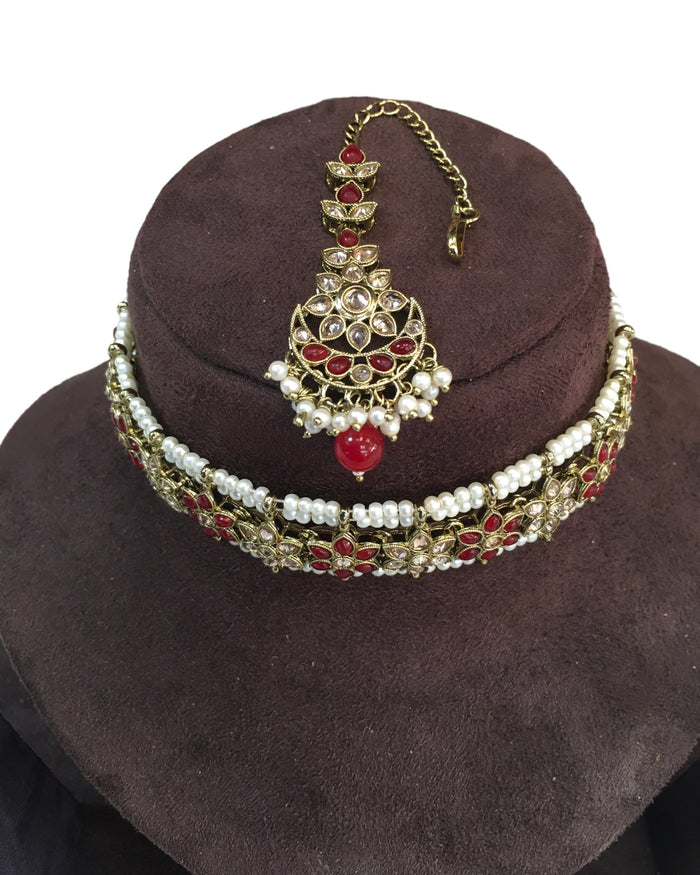 Maroon - Large Size Antique Gold Finish Necklace Set with Earrings - RAK95 KV 0424