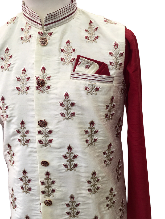Maroon / Cream - Mens Kurta Set with Rich Brocade Waistcoat - MOHRA TT0322