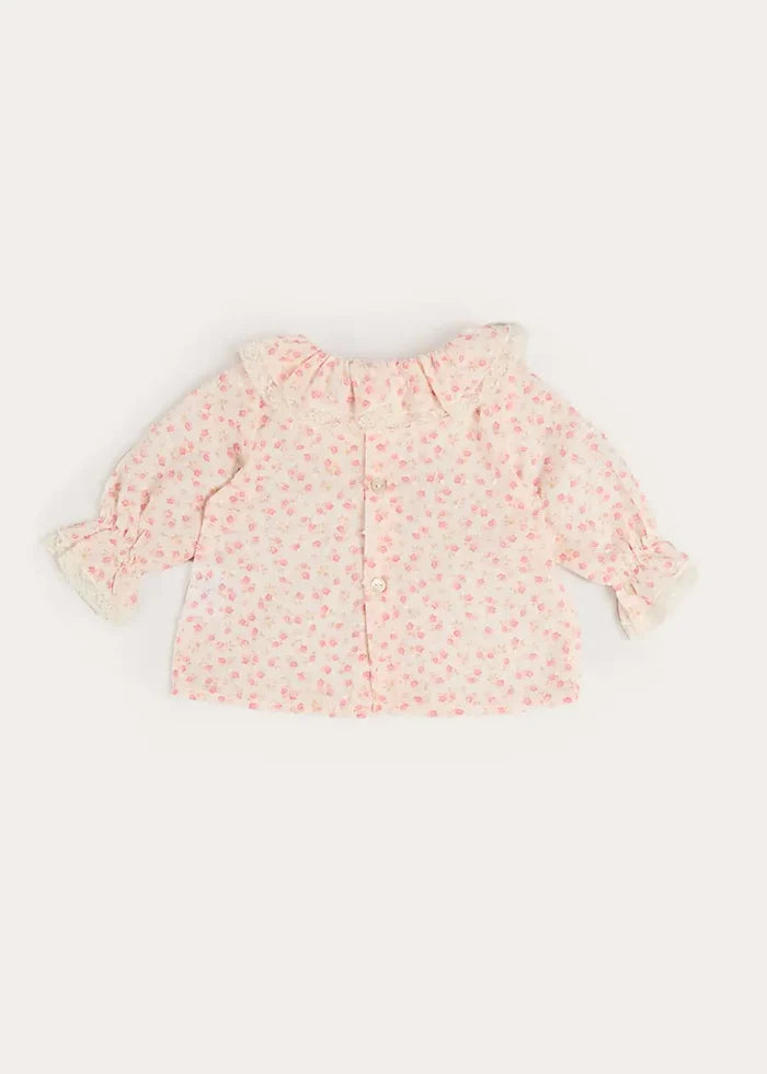 Martha Floral Ruffle Collar Lace Trim Long Sleeve Blouse in Pink (1mth-12mths) BLOUSES from Pepa London