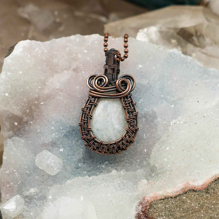 Moonstone Copper Wire Wrapped Teardrop Pendant Necklace