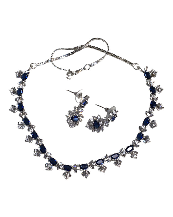 Navy Blue - AD Silver Finish Small Size Necklace Set with Earrings - PMJ11 C 0223