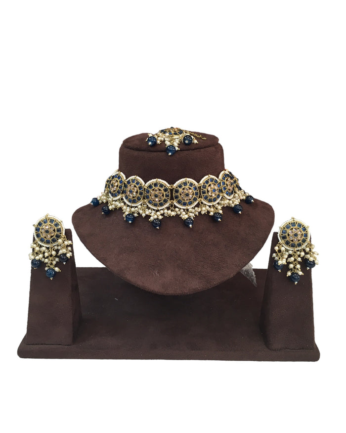 Navy Blue - Large Size Antique Gold Finish Necklace Set with Earrings - RAK05 VY 0424