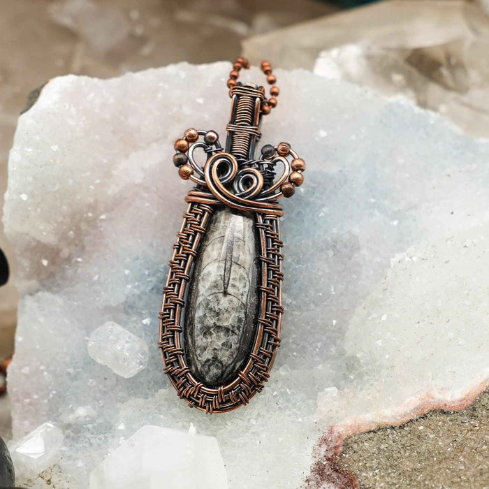 Orthoceras Fossil Crystal Wire Wrap Pendant Copper