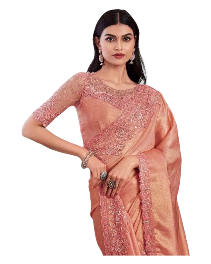 Peach - Chiffon Saree with Fancy Ready made Blouse - SS29006 TT 0624
