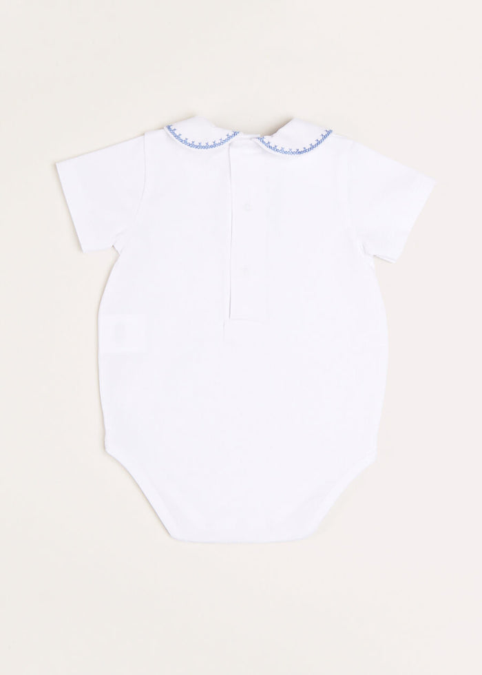 Peter Pan Collar Embroidered Detail Short Sleeve Bodysuit in Blue (1mths-3yrs) TOPS & BODYSUITS from Pepa London