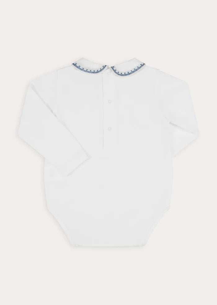 Peter Pan Collar Embroidered Long Sleeve Bodysuit in Blue (6mths-3yrs) Tops & Bodysuits from Pepa London