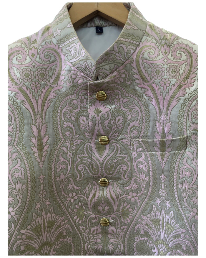 Pink - Classic Banarasi Brocade Sherwani with Gold Buttons - HHF2407 TC 0624