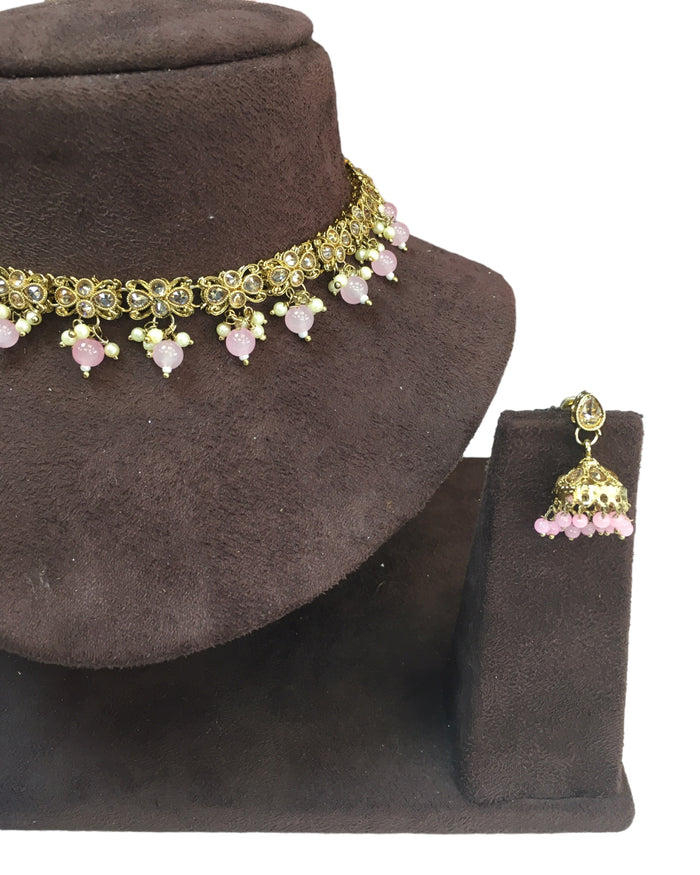 Pink - Small Size Antique Gold Finish Necklace Set with Earrings - VJY402 A 0424