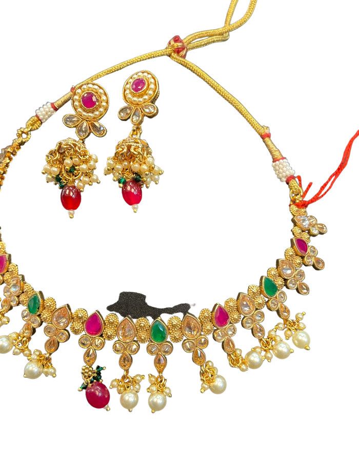 Red / Green - Medium Size Necklace Set with Earrings - SLV11KV 0822