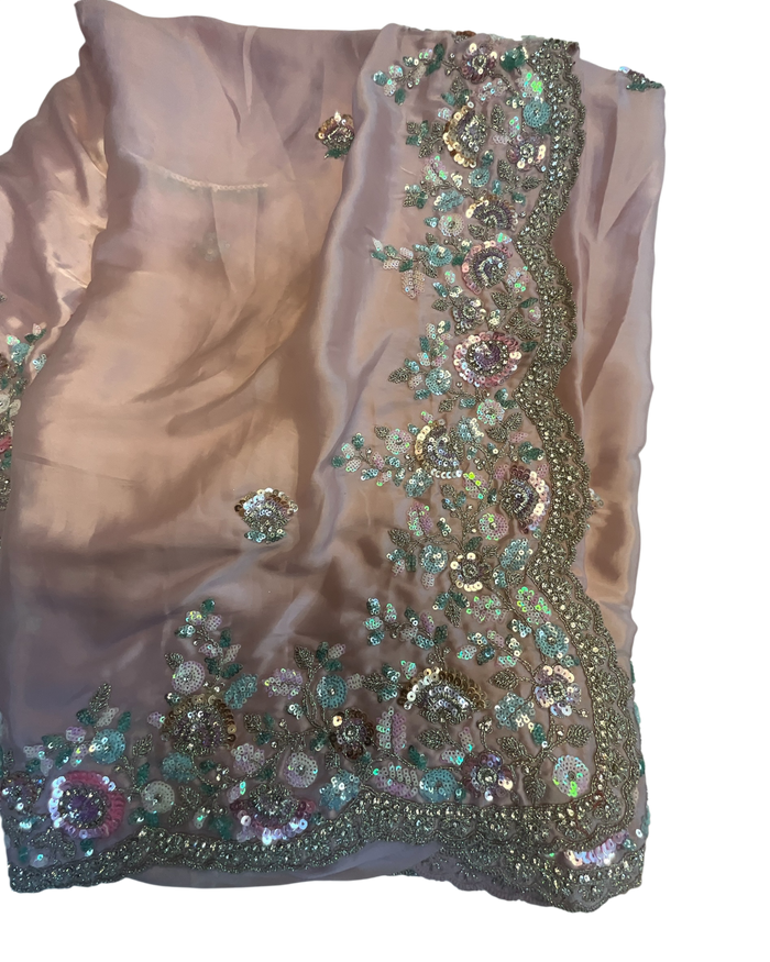Sale! Baby Pink - Pastel Sequins Silky Saree with Blouse Piece - MF3801 JJ 0824