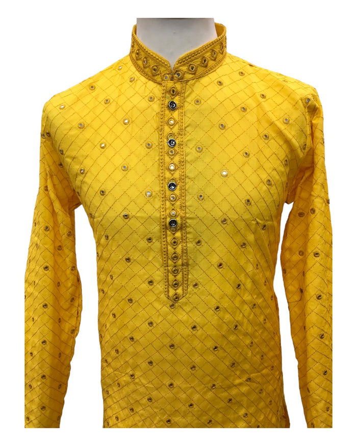 SALE! Haldi Yellow - Linen Mirror Work Mens Kurta Set - Sangeet Mehendi Haldi - NY2303 KT 1123