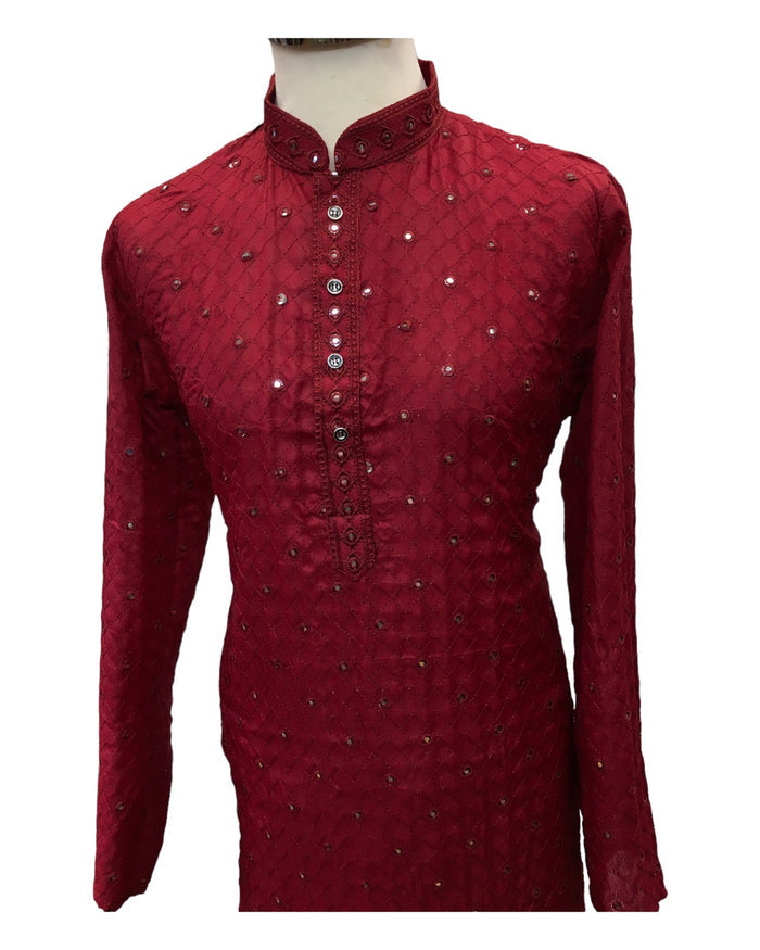 SALE! Maroon - Linen Mirror Work Mens Kurta Set - Sangeet Mehendi Haldi - NY23067KT 1123