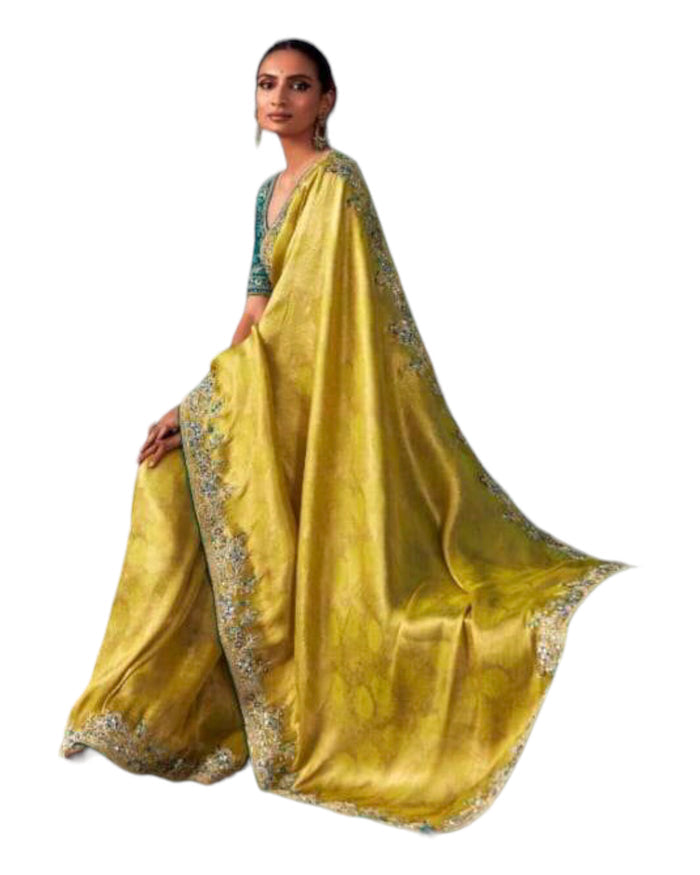 SALE ! Yellow - Crepe Silky Saree with Fancy Ready made Blouse - KIM-SA217 PJ 1123