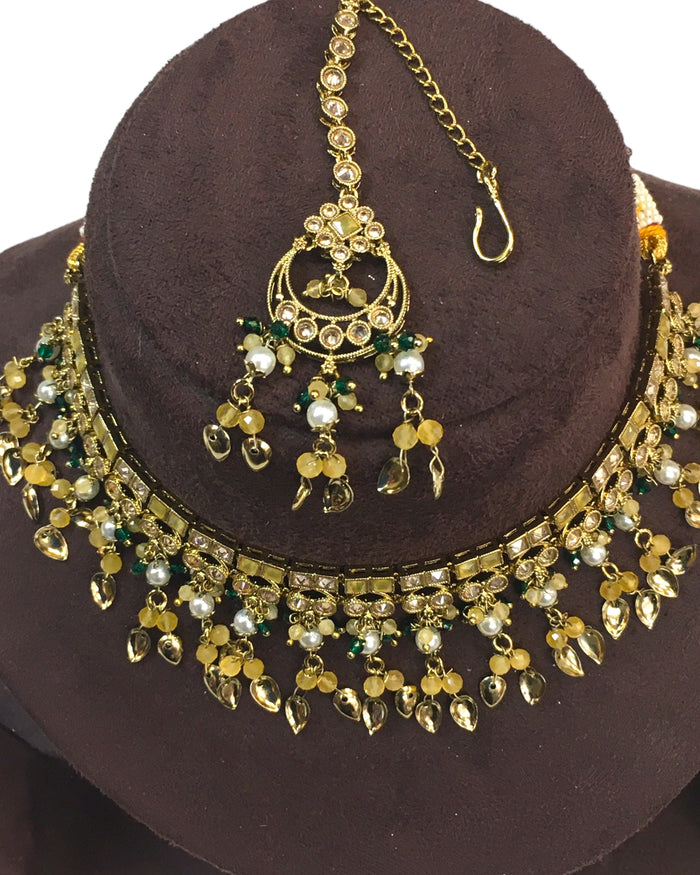 Yellow - Medium Size Antique Gold Finish Necklace Set with Earrings - HB1000 KY 0424