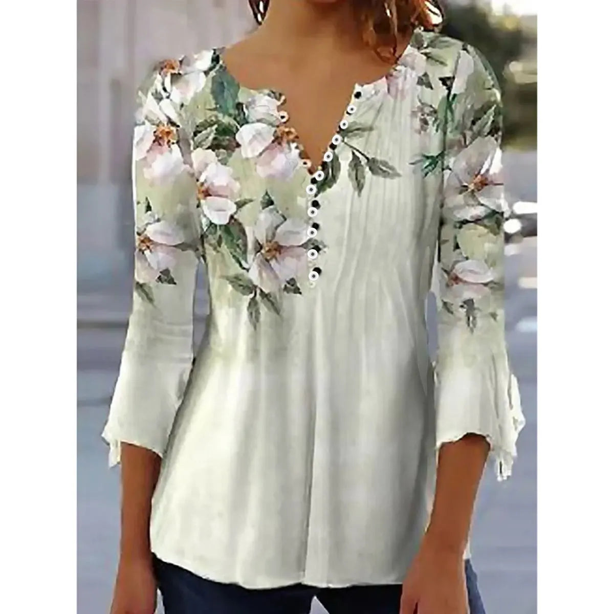 2024 Trendy 3D Printed Shirts for Women Spring Summer 3/4 Sleeve V Neck Buttons Blouse Shirt Elegant Ladies Long Sleeve Tops