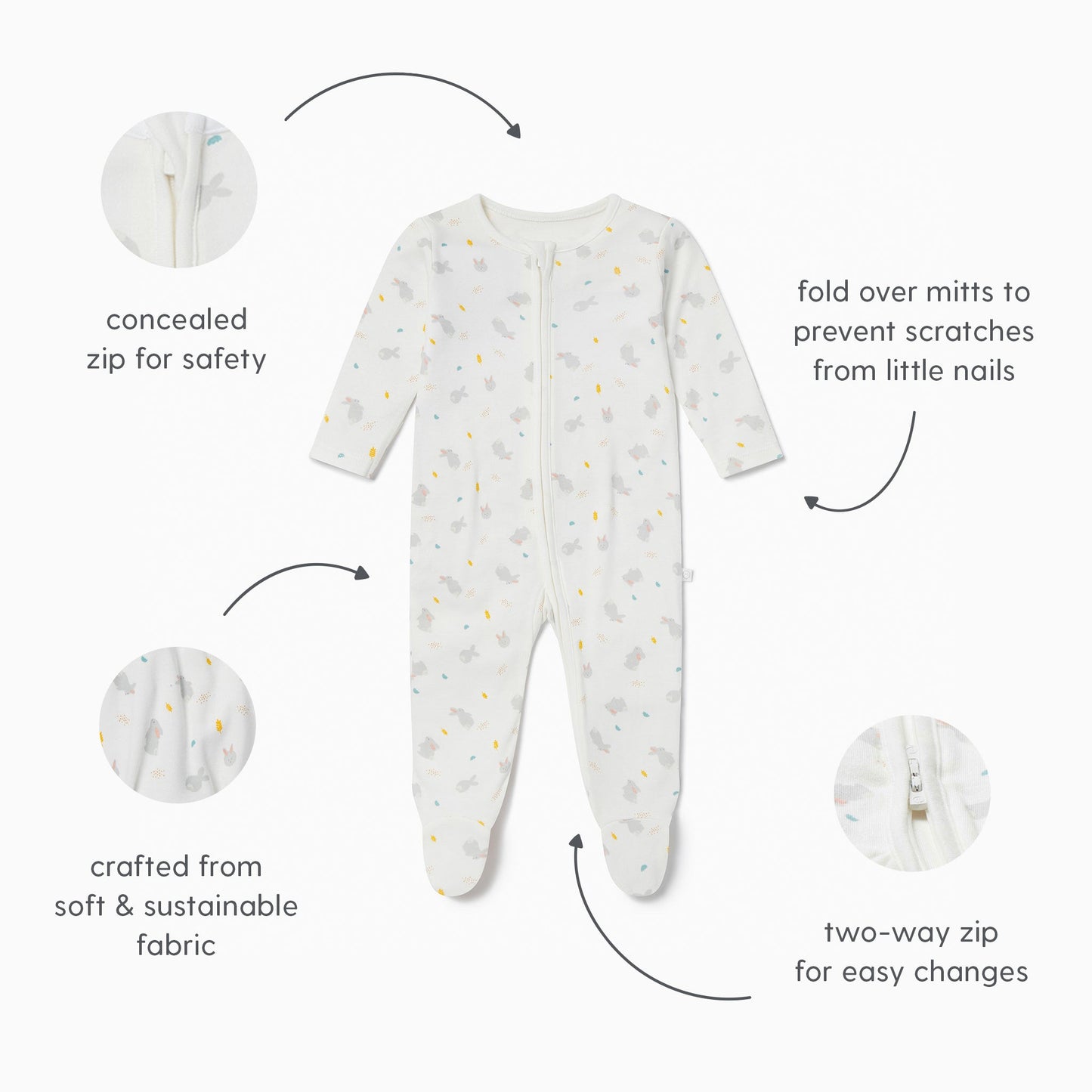 Bunny Printed Clever Zip Sleepsuit