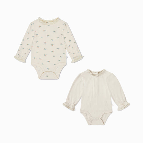 Floral & Plain Frilled Ribbed Bodysuit 2 Pack