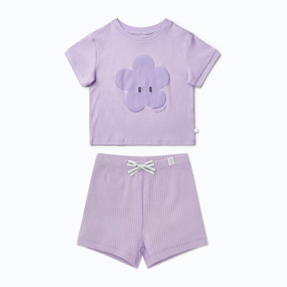 Flower Ribbed Short Sleeve T-Shirt & Shorts Outfit