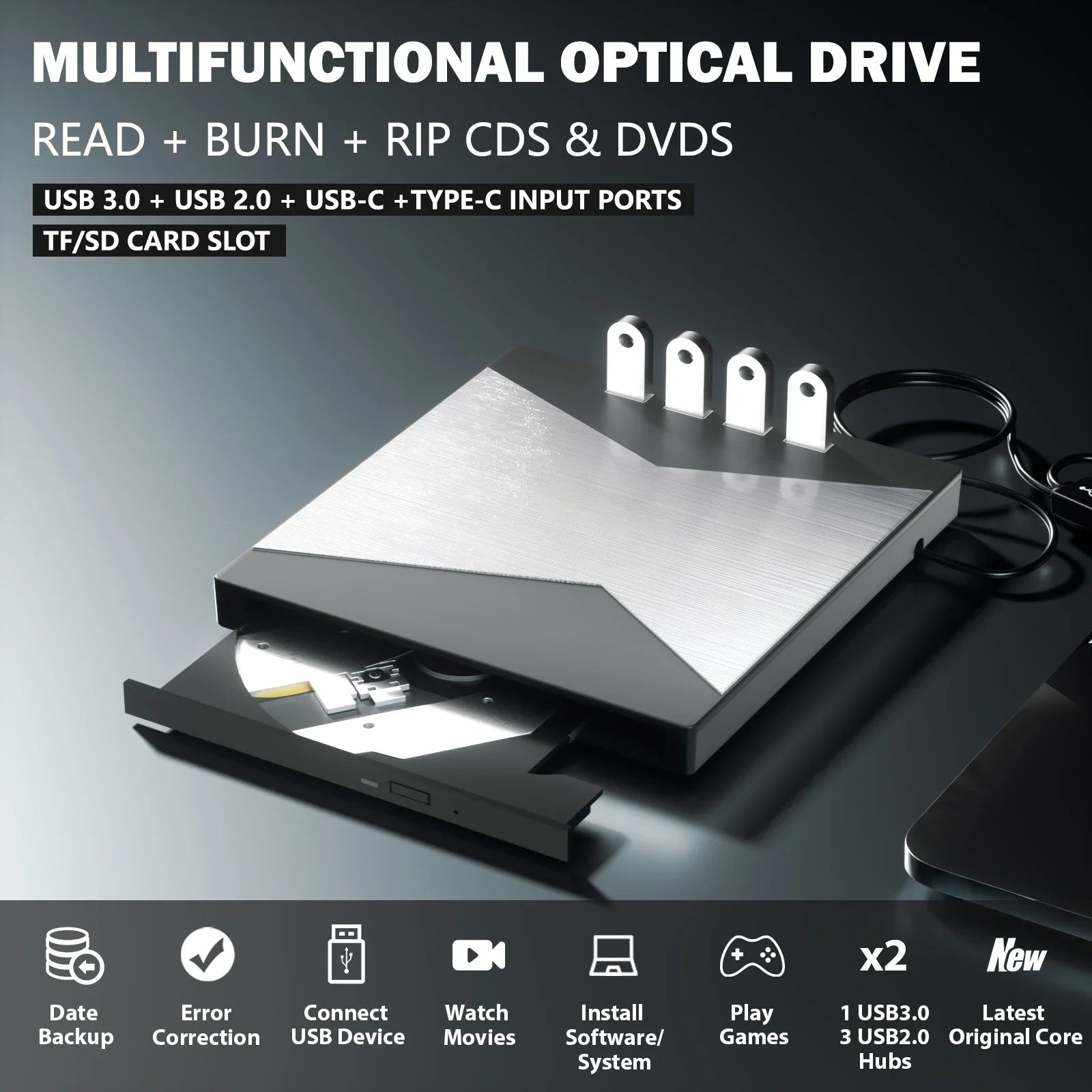 4K External Blu-ray Burner with USB 3.0 & Type-C Interface Portable DVD/CD/BD Player for Desktop/Laptop
