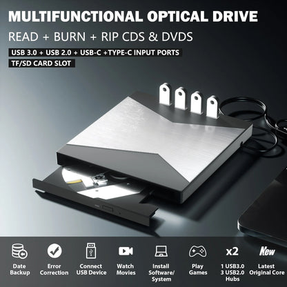 4K External Blu-ray Burner with USB 3.0 & Type-C Interface Portable DVD/CD/BD Player for Desktop/Laptop