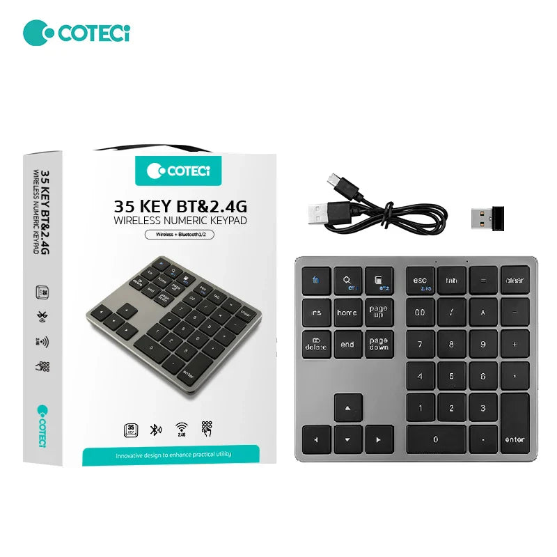 COTECi 35-Key Mini Wireless BT Numeric Keypad Scissor Plastic USB Interface for New Office Financial Accounting PC Laptop