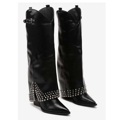 Designer Luxury Women's Over-the-Knee & Knee-High Western Snow Boots Thick Heel Rhinestone Decorated High Fashion Winter Shoes