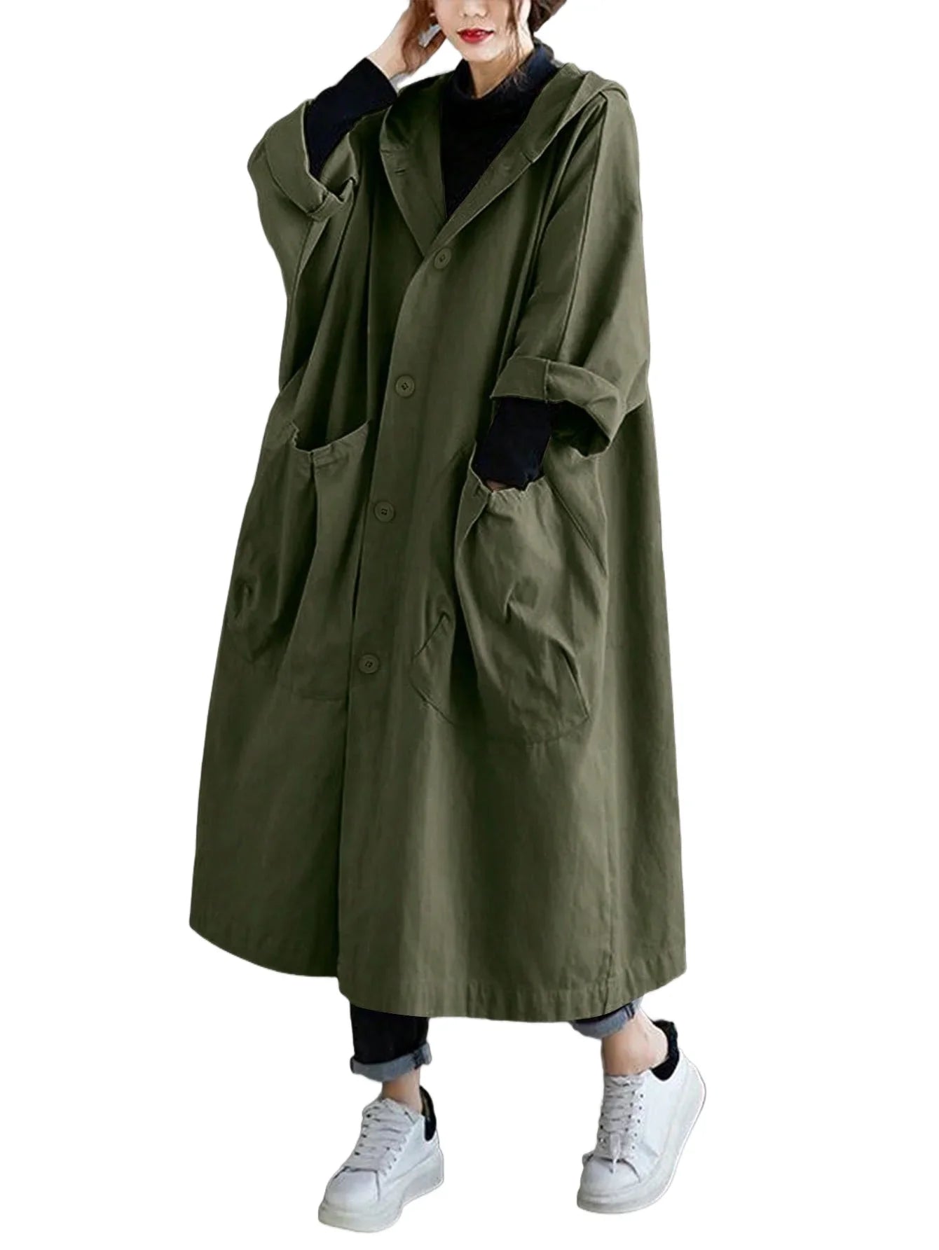 2026 Women's High-quality Spring Elegant Solid-color Loose Single-button Warm and Windproof Coat Hooded Casual Coats