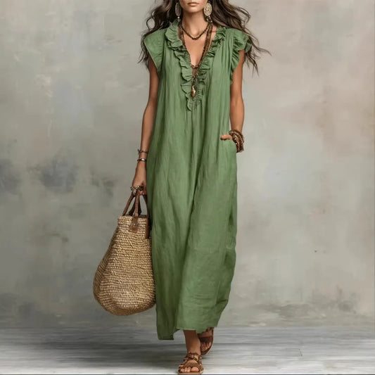 A Line Maxi Dress High Waist V Neck Sleeveless Polyester Casual Daily Wear Fashion High Quality Ladies Clothing