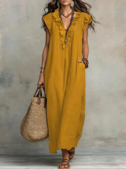 A Line Maxi Dress High Waist V Neck Sleeveless Polyester Casual Daily Wear Fashion High Quality Ladies Clothing